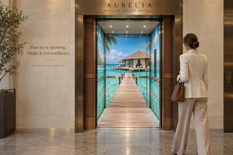 Concept visual of elevator doors opening onto a tropical boardwalk and overwater villa