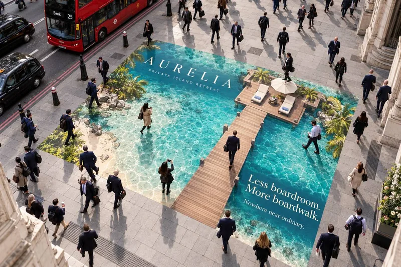 Concept visual of a tropical island and wooden boardwalk covering a London city pavement