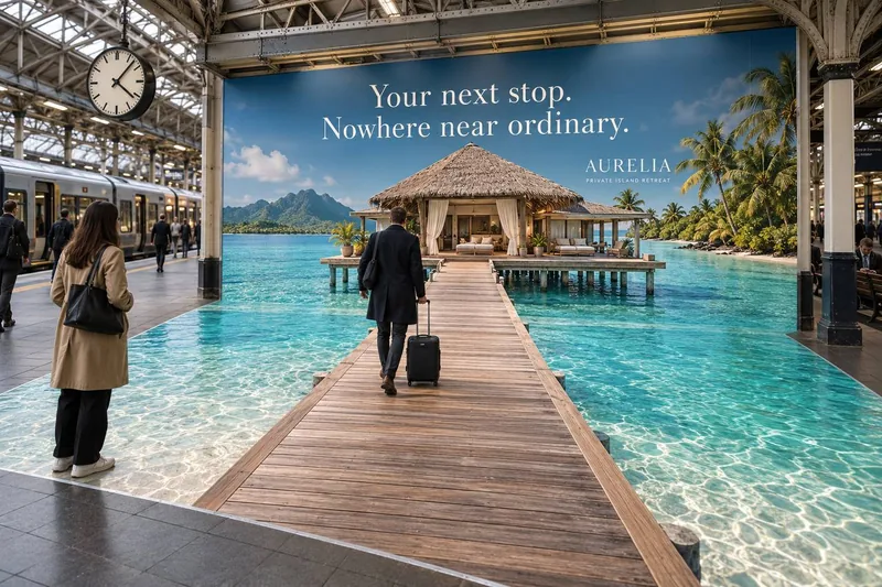 Concept visual of a railway-station floor transformed into tropical water with a boardwalk leading into a billboard