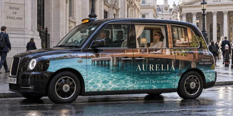 Concept visual of a London black cab wrapped in tropical island campaign imagery