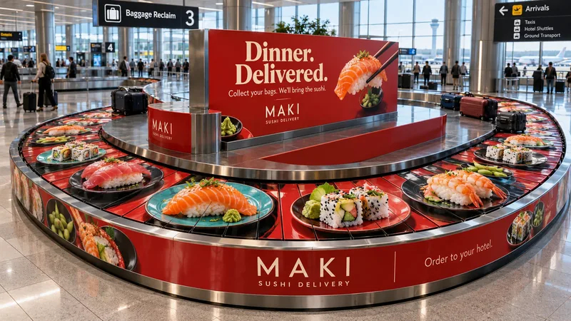 Concept visual of an airport baggage carousel wrapped as a red sushi conveyor belt, with plates of sushi circling between suitcases beneath a MAKI billboard reading Dinner. Delivered.