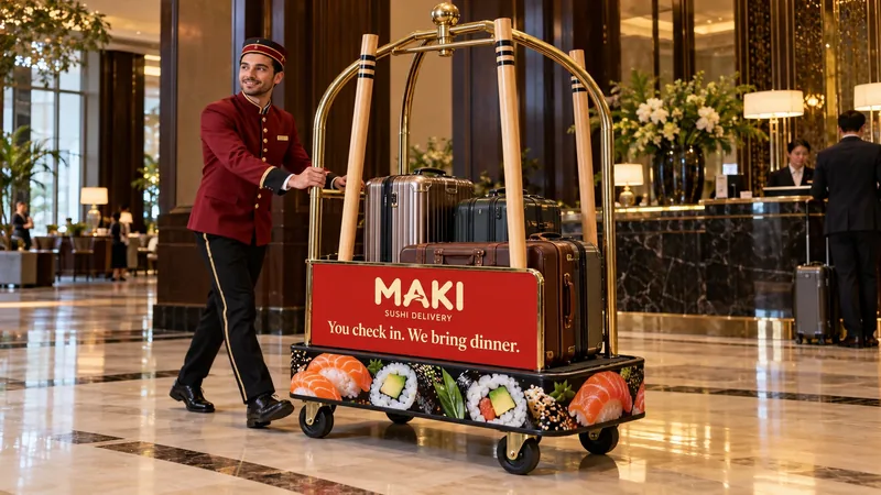 Concept visual of a hotel porter pushing a MAKI-branded luggage cart whose wooden uprights are styled as chopsticks