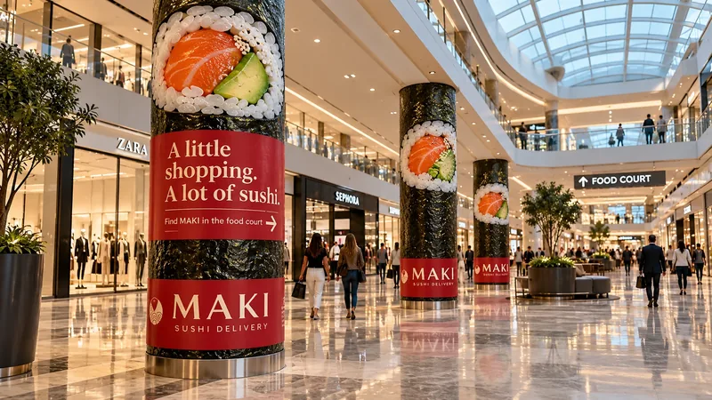 Concept visual of shopping-centre columns wrapped as giant maki rolls, with MAKI Sushi Delivery branding pointing shoppers to the food court